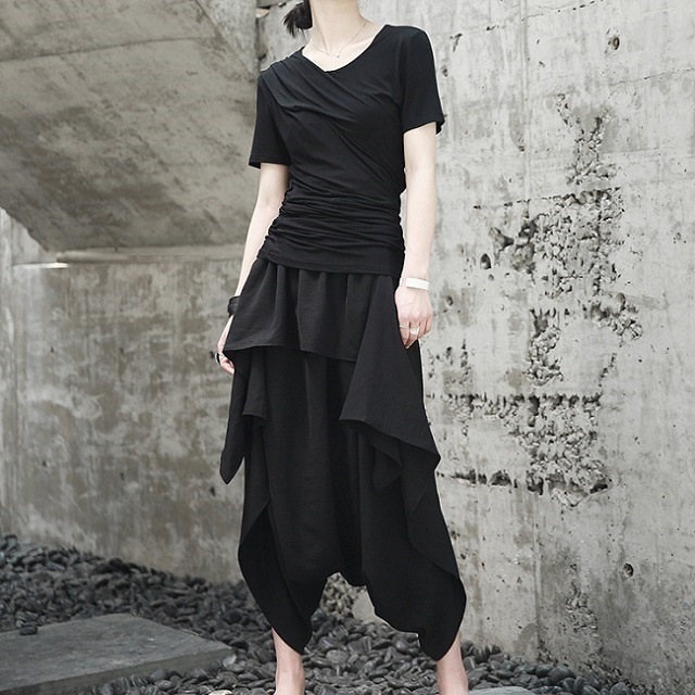 人気の夏物 NEW スカート パンツ 黒 ゆったり サルエルパンツ風 フレア 民族衣装 fh0249