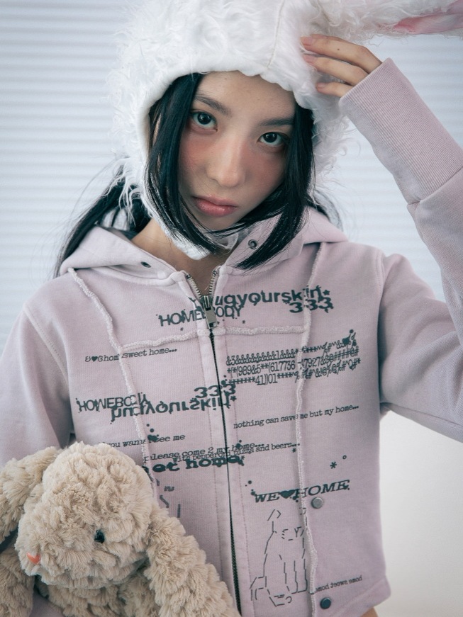 【HUGYOURSKIN】 WE LOVE HOME HOODIE ZIP UP : ASHED PINK