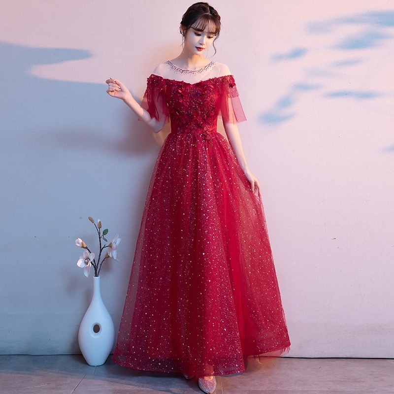 妊婦の敬酒服の赤い女性の新型夏の肩の花嫁のウェディングドレスは腰が高くて腹が大きい