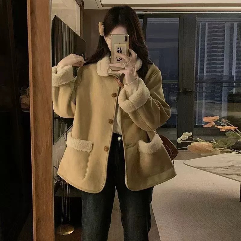 レトロ スエード 起毛裏地付きアウター レディース 新作 トレンド 冬季 加厚保温 レザー&ファー一体 ライダー 綿入りアウター トレンディ