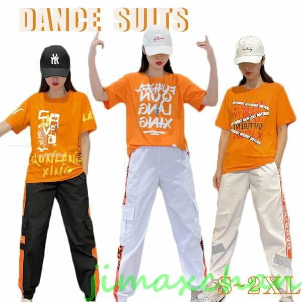 新生活 ダンス衣装 セットアップ レディース ジャズダンス jazz 衣装 オレンジ カーゴパンツ ゆるパンツ hippop 衣装 半袖 ｔシャツ ヒップホップ kpop衣装 ダンス