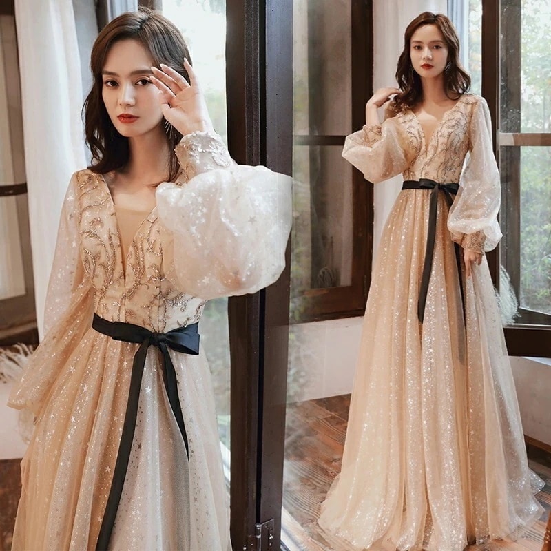 カラードレス ファスナー パーティードレス フォーマルドレス ロングドレス 長袖 結婚式 二次会 発表会 ウエディングドレス 花嫁 演奏会 ゴールド 前撮り 音楽会 ゲストドレス ウェディングドレス