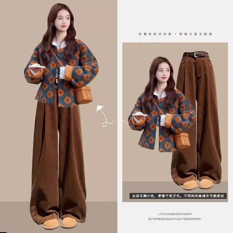 オーバー+ズボン春の秋の新型のファッションのデザイン感の花だるいコートの女性はやせて見える直簡のカジュアルな広脚のズボンの2点セット