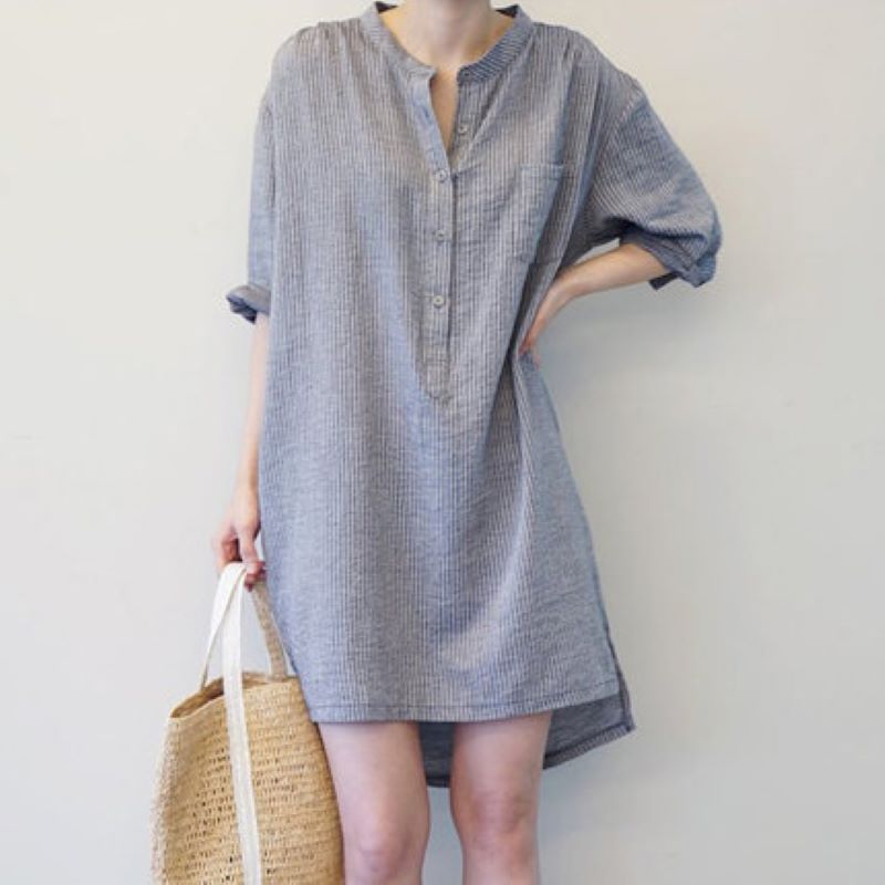 ストライプシャツ Bf風 ミドル丈 前ロング後ろショート 五分袖 イレギュラーシャツ