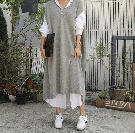 ロングベストコート韓国風ルーズプラスサイズレディースニットセーターセータードレスワンピース秋30%までに制限