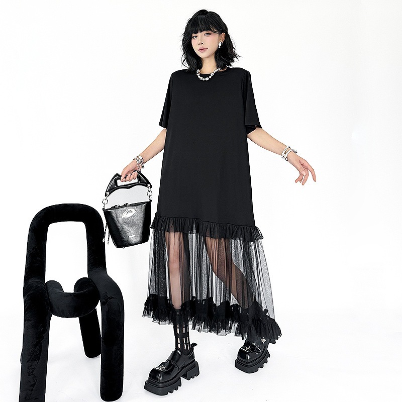 【Noir Mode】メッシュ スプライシング ワンピース 2025 夏 新作 ゆったり 薄手 カジュアル Tシャツワンピース 半袖ワンピース