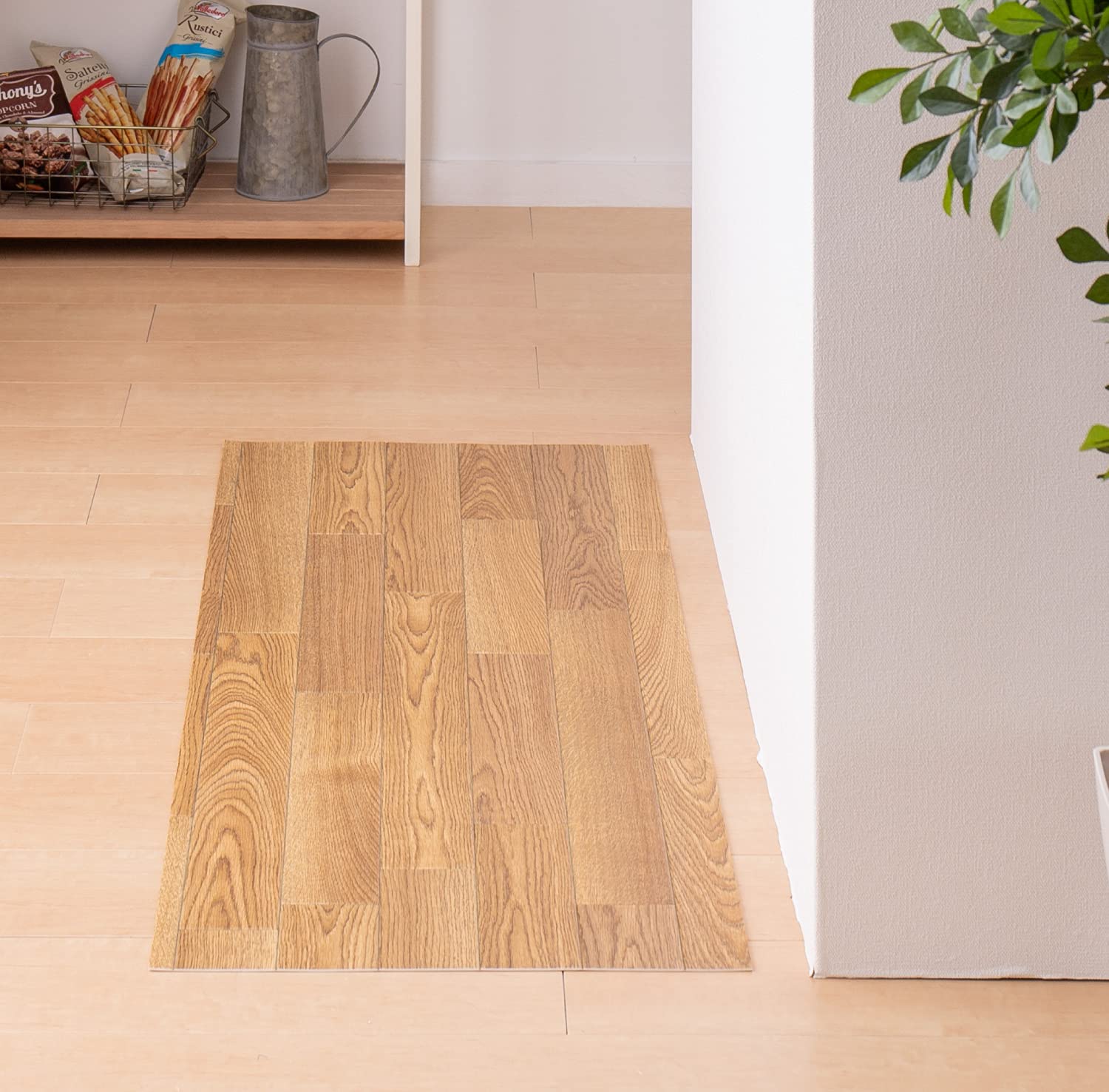 萩原 クッションフロア キッチンマット (約60×270cm,木目ナチュラル) 水拭きできる 防炎 抗菌 防カビ 滑り止め付き カットOK