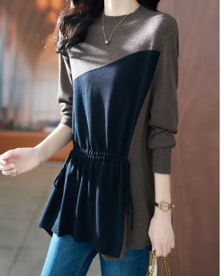 ロング丈長袖トップス 切替えカラー ロング丈 チュニック ゆったり 大きめ ウエストリボン ニット かわいい 可愛い きれいめ シンプル カジュアル 上品 おしゃれ かっこいい レトロ アジアン