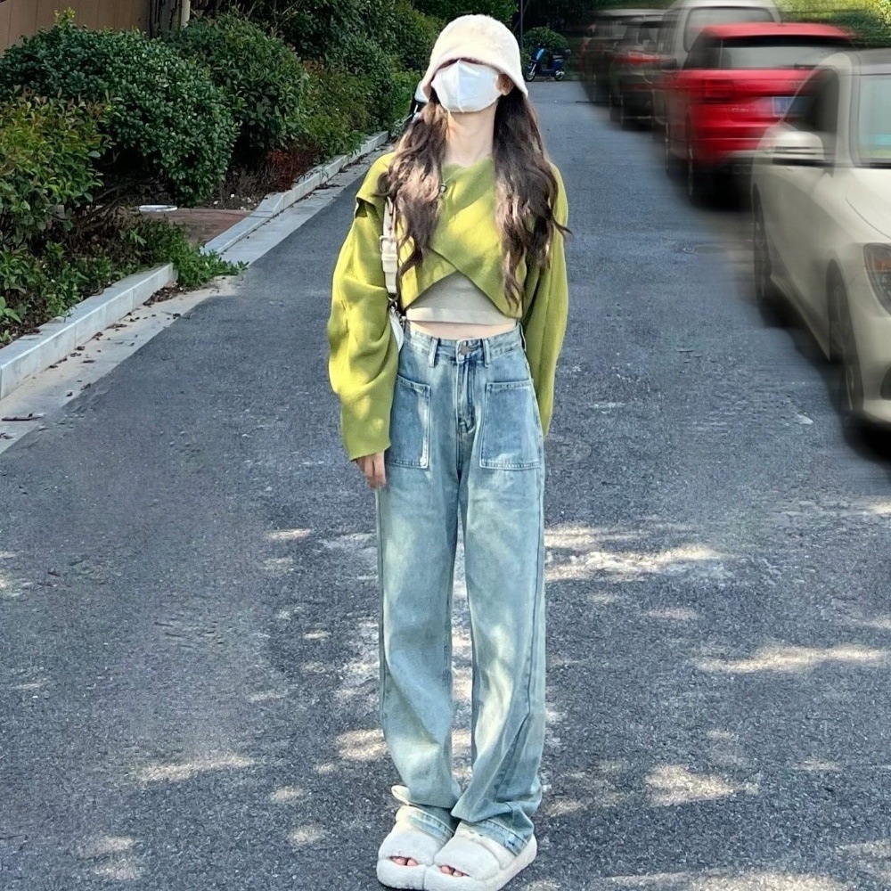 セットアップ ニットソー キャミソール ワイドパンツ デニムパンツ ロング ロング丈 半端丈 クロップド 長袖 ボートネック ワイド ハイウエスト 上下セット 3点セット スリーピース お得 かわいい