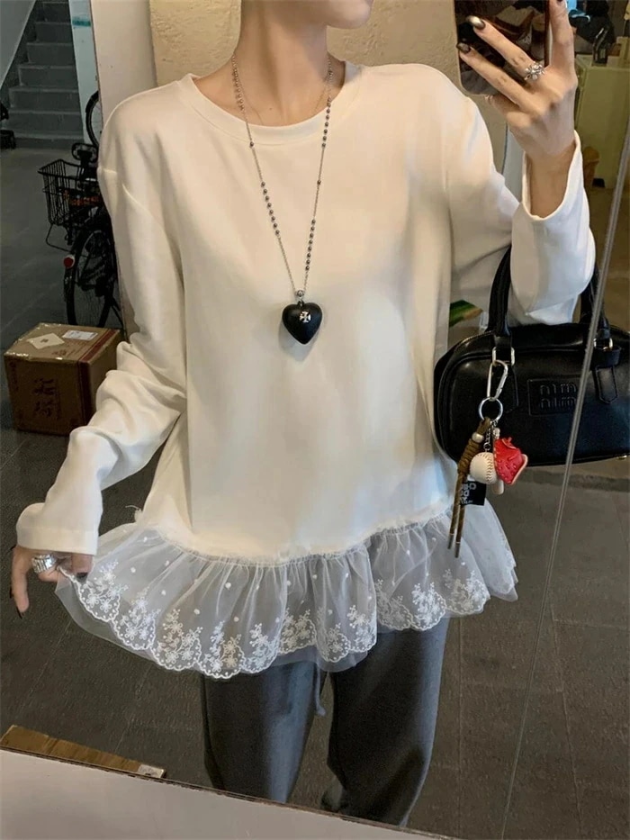 【急速出荷】異素材切り替えTシャツ Tシャツ 異素材切り替え レディース 秋冬 切り替え 長袖 レース クルーネック 切り替えTシャツ 可愛い 無地 レイヤード 重ね着 韓国風 体型カバー 着瘦せ 森