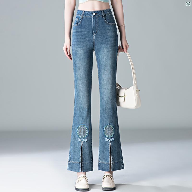 中華風 刺繍 レトロ ボタン 付き デニムブーツカットパンツ レディース 夏 九分丈 スリム スリット ハイウエスト フレアパンツ