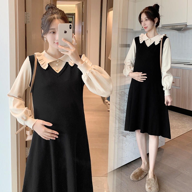 【送料無料】マタニティ ワンピース 膝丈 ひざ丈 ミディアム丈 長袖 パフスリーブ 襟付き 4,403円