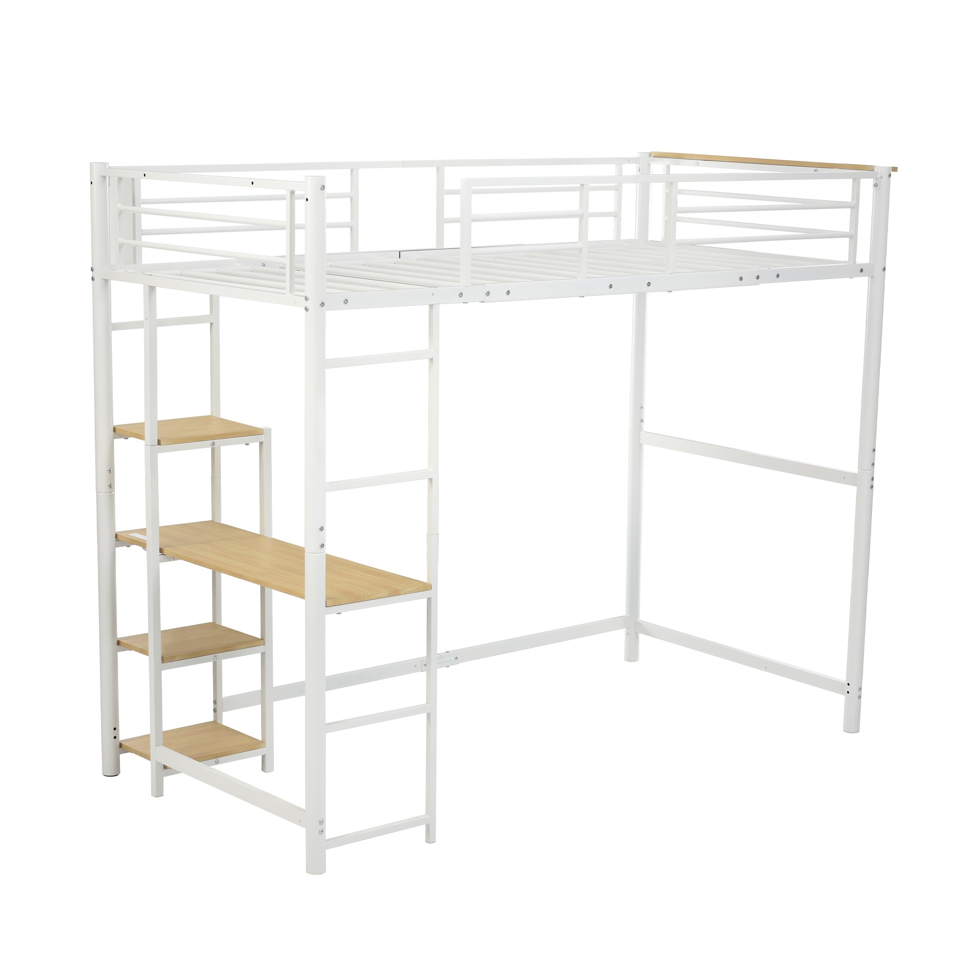 【国内発送Ｍ】161ロフトベッド パイプベッド シングル 木 デスク付き コンセント付き 耐荷重150kg 高さ170cm 収納棚 ロフトベッド ハイタイプ はしご付き 北欧風 子供部屋 送料無料 ス