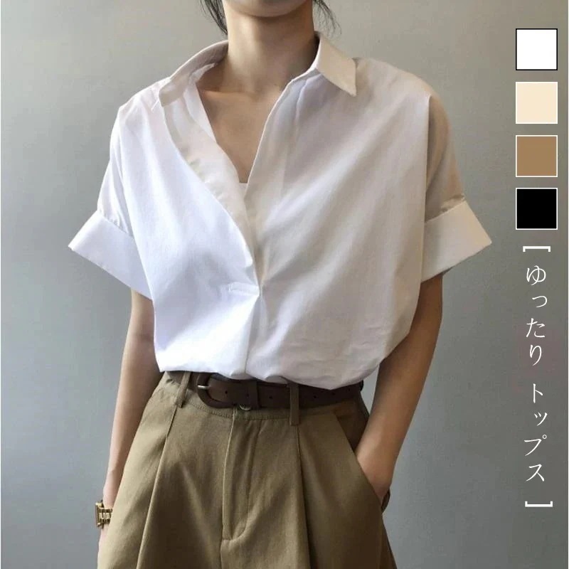 ロンT 高 品 質【2枚で1oo円OFF】ブラウス レディース ドルマンシャツ シャツブラウス ブラウス 春服 二の腕カバー 半袖シャツ トップス 抜け感 襟づき Vネック 体型カバー韓国