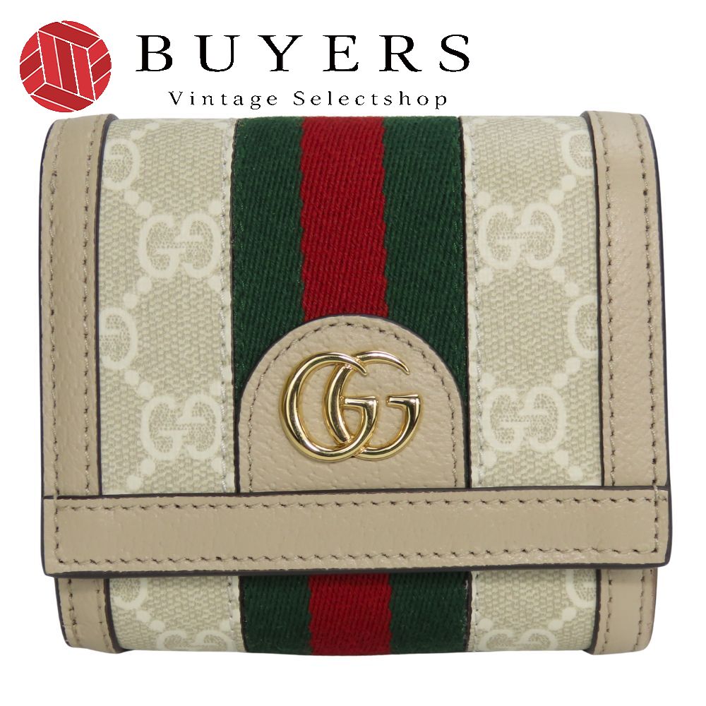 中古 極美品 二つ折り財布 598662 オフィディアGG ウェブストライプ GGスプリームキャンバス レザー グレージュ系 ゴールド金具 コンパクト ウォレット レディース 女性