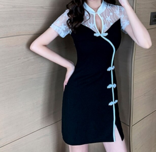 ワンピースドレス レディース チャイナ風 ショート 半袖 リボン レース シアー タイト かわいい 大人可愛い きれいめ シンプル 大人 上品 おしゃれ 夏 デート お出かけ ホワイト ブラック