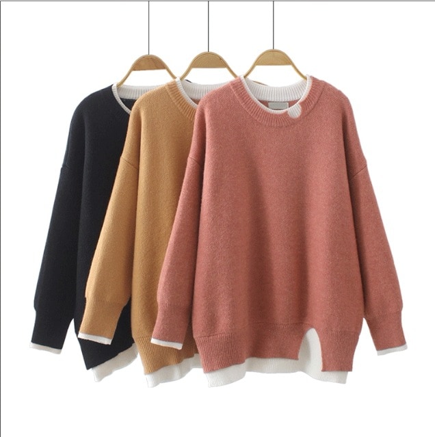 トップス ニットソー セーター プルオーバー 長袖 ラウンドネック サイドスリット 厚手 かわいい 大人可愛い シンプル ラフ おしゃれ 無地 秋 冬 学生 デート 重ね着 2XL 3XL 4XL