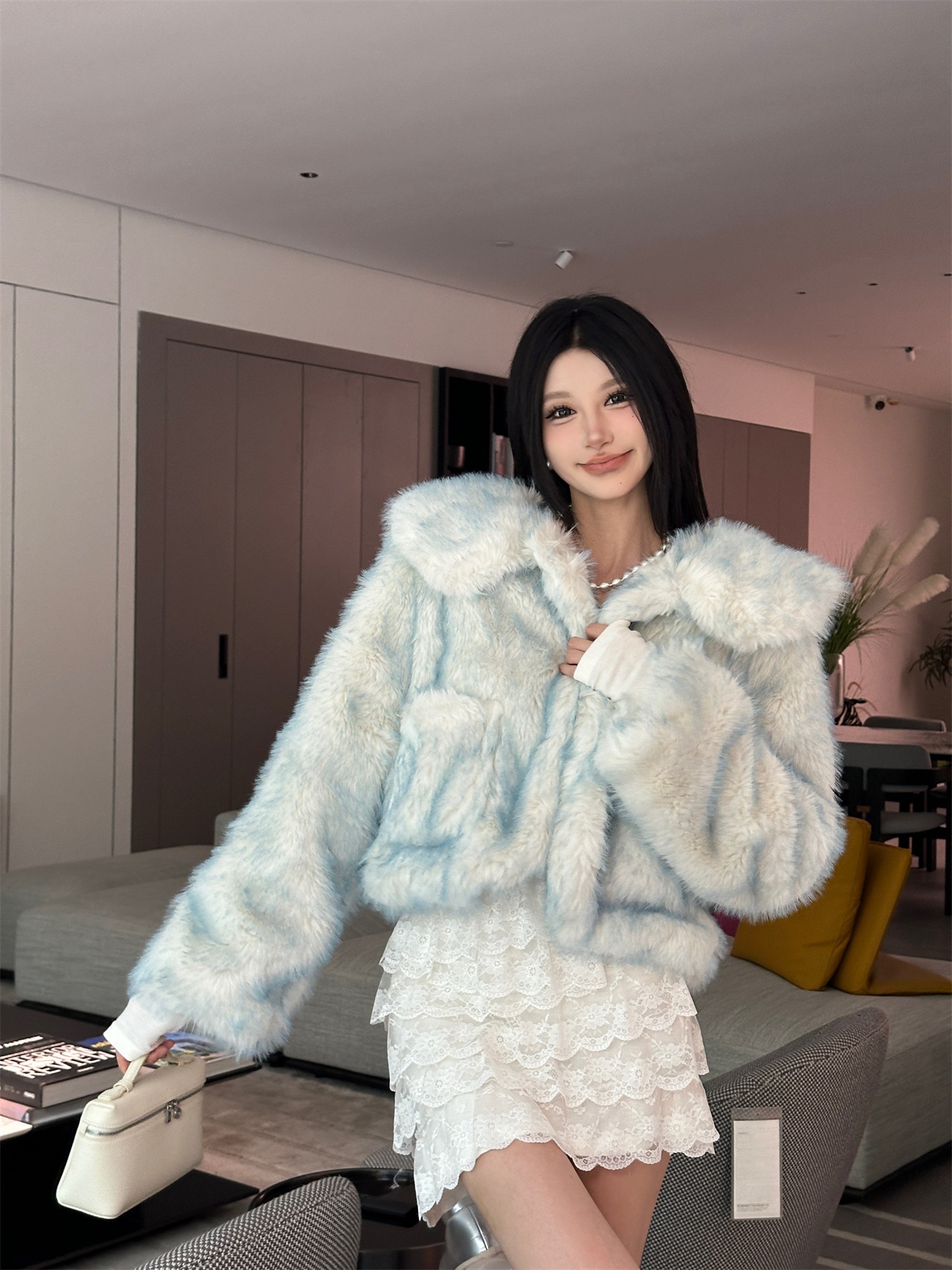 グラデーション甘いブルーファー暖かい取り外し可能な人形襟ショートウィンタージャケット