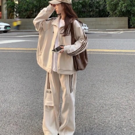 秋 2点セット トップス お出かけ 羽織り ショート丈 セットアップフルパーカーラウンドヘムルーズ サイド上下ボトムス ストレート系冬 ゆったりサイズワイドシルエットリラックストラック