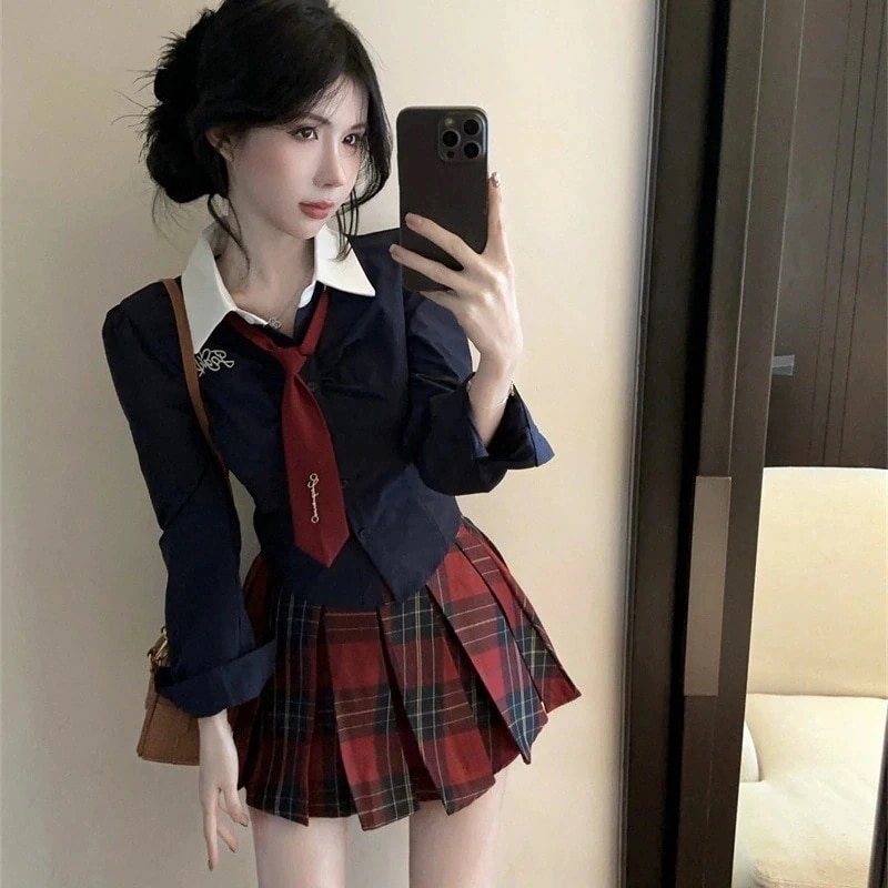 ギャルJkスーツ韓国系新型ポロ襟長袖シャツ女+a字ハイウエストチェックスカートブーム制服