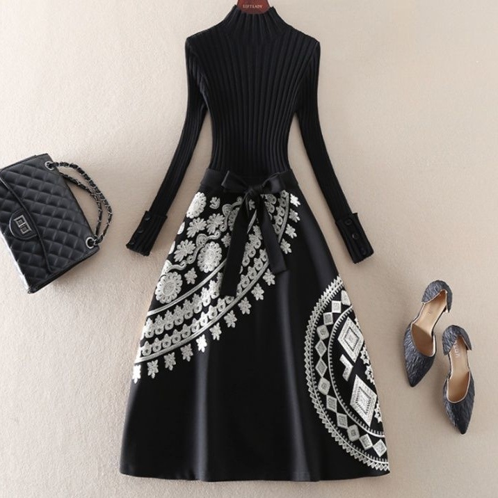 【再入荷予定】絶対可愛いエレガントファッションプリント切り替えハイウエストAラインニットワンピース