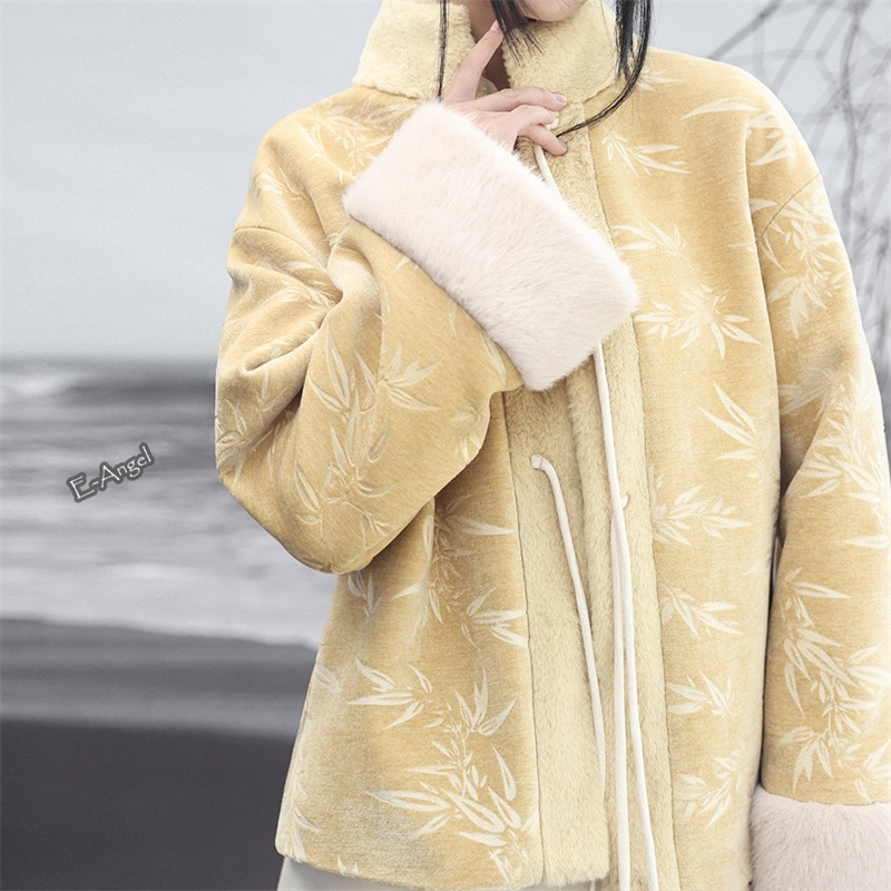 アウター レディース 冬暖かい 厚手 チャイナ風 もこもこ モフモフコート ハイネック スタンドカラーコート シェニール ショート丈 竹葉エンボス 黄色 合わせやすい 高級感