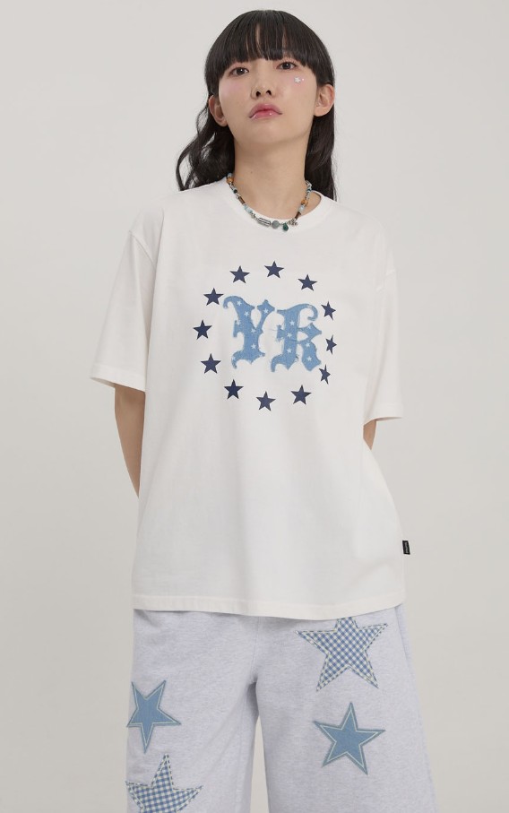 YKスターアップリケ半袖Tシャツ ホワイト 2カラー　UNISEX