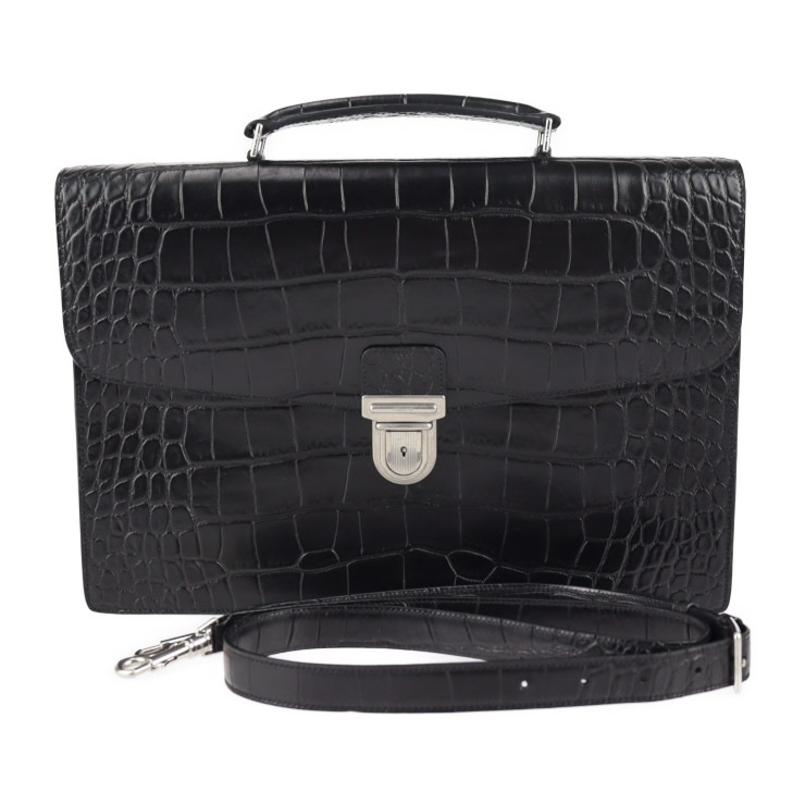 美品 CELINE セリーヌ ビジネスバッグ - カータブル クロコ型押しレザー ブラック シルバー金具 2WAY ブリーフケース ハンドバッグ ショルダーバッグ フラップ【本物保証】