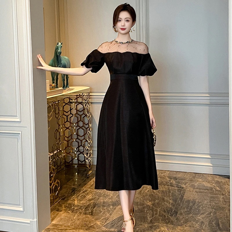 夏 ドレス 半袖 ロングワンピース サマー 新作 ウエスト引き締め ブラックワンピース パーティードレス キャバドレス レディース