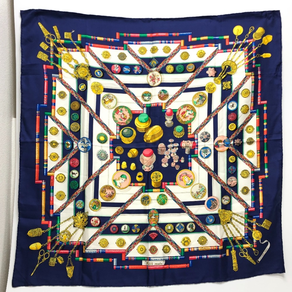 スカーフ カレ90 お針子さん カレ カレ90 スカーフ シルク ネイビー