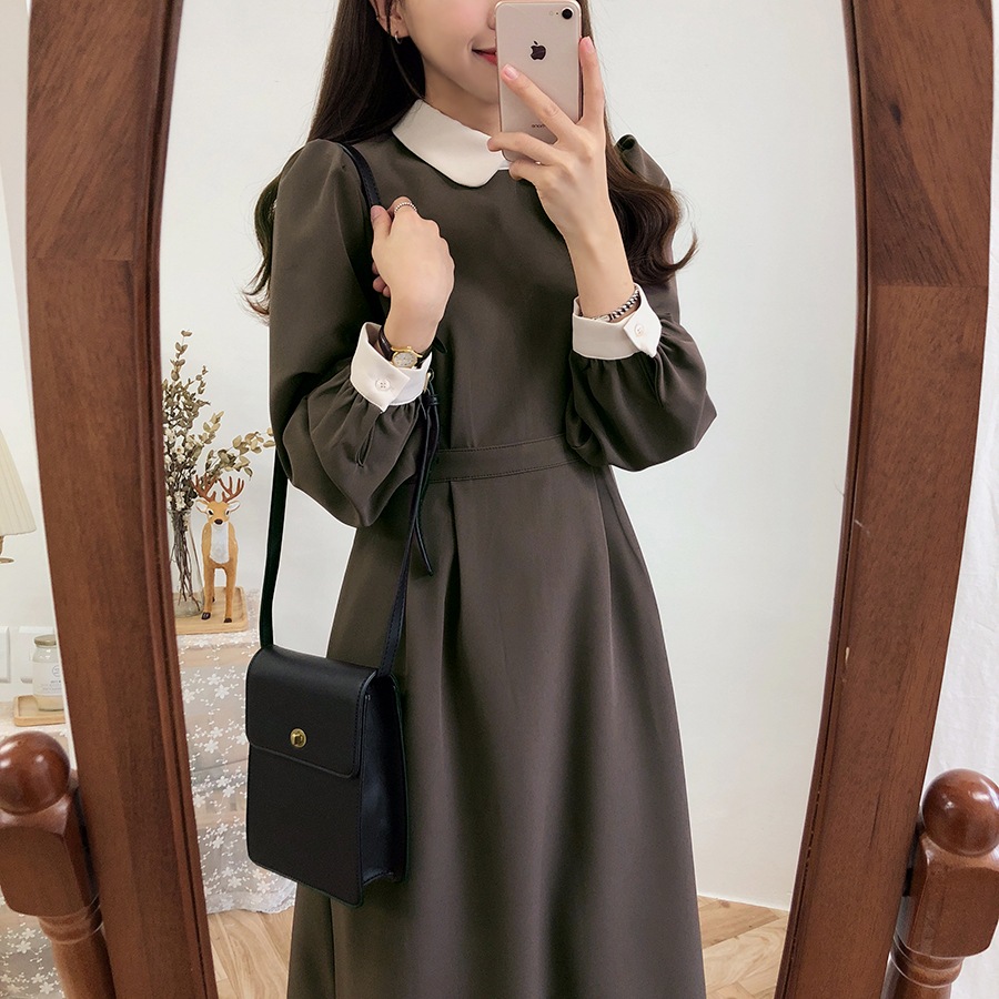 ワンピース ワンピドレス ロング丈 袖あり 長袖 襟付き Aライン ウエストマーク ハイウエスト かわいい シンプル 上品 おしゃれ レトロ こなれ感 ラブリー キュート ガーリー モダン 存在感