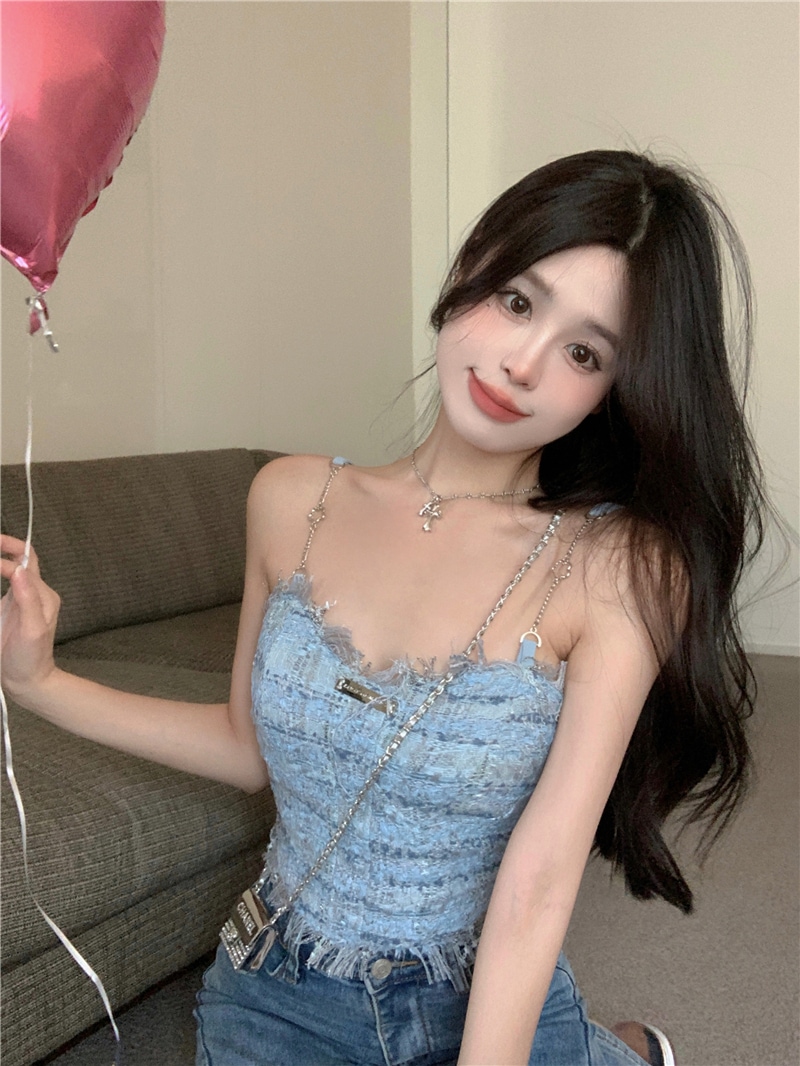 ブルータッセルスリングリトルベストレディースサマースウィートガールアウタードレスデザインセンスシックインナーショートトップス トップス ベスト ショート丈 袖なし タイト 大人可愛い シンプル