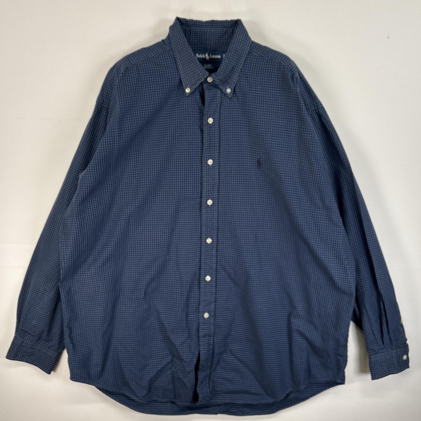 古着 長袖シャツ ロゴ 刺繍 ボタンダウンシャツ 大きいサイズ XL ブルー系 チェック メンズ 5,500円