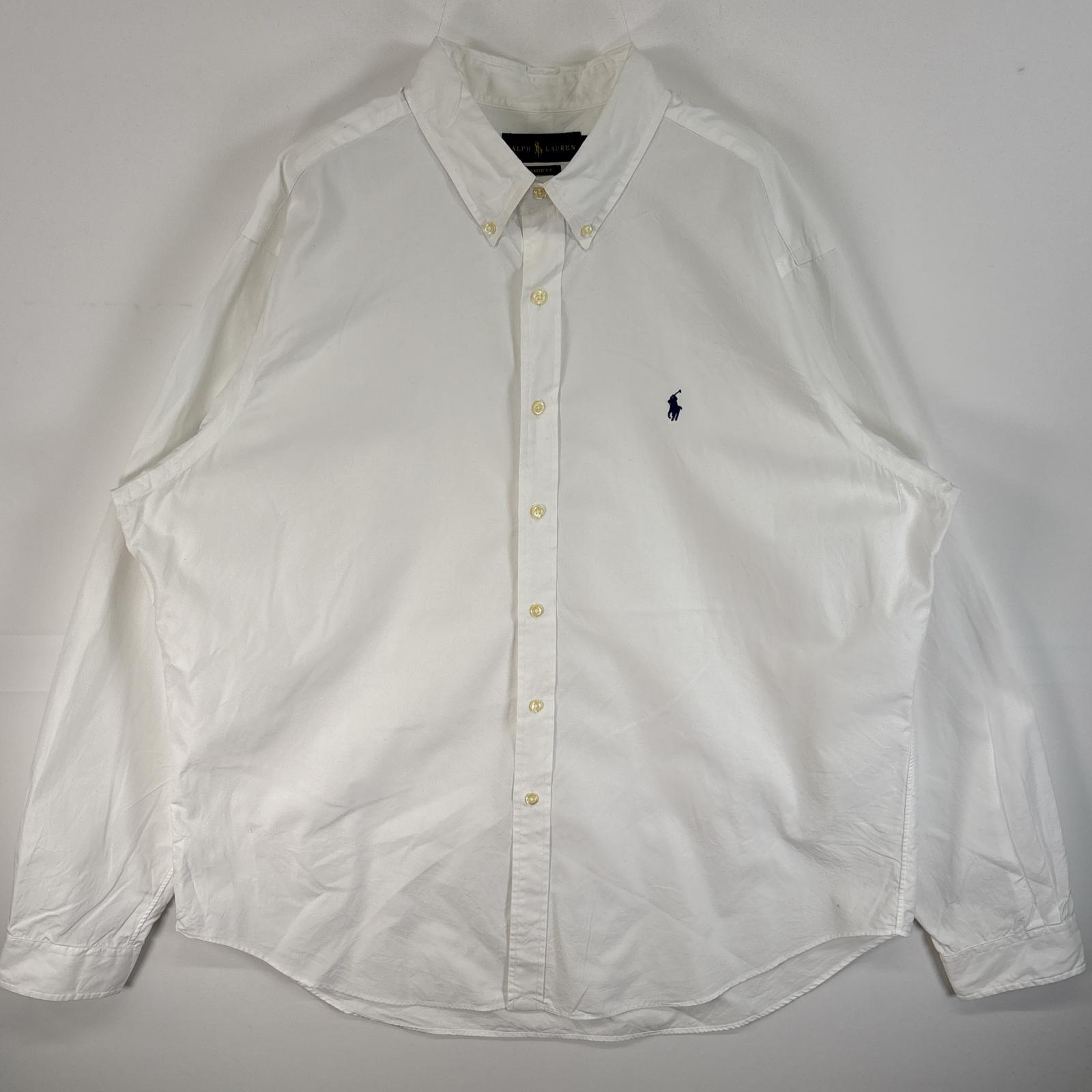 古着 長袖シャツ ロゴ 刺繍 大きいサイズ ボタンダウンシャツ XXL ホワイト 無地 メンズ