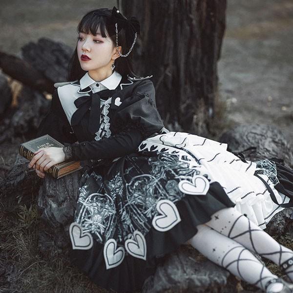 ロリータ 黒ロリ ワンピース Aライン Lolita メイド 女の子 コスプレ ミモレ丈