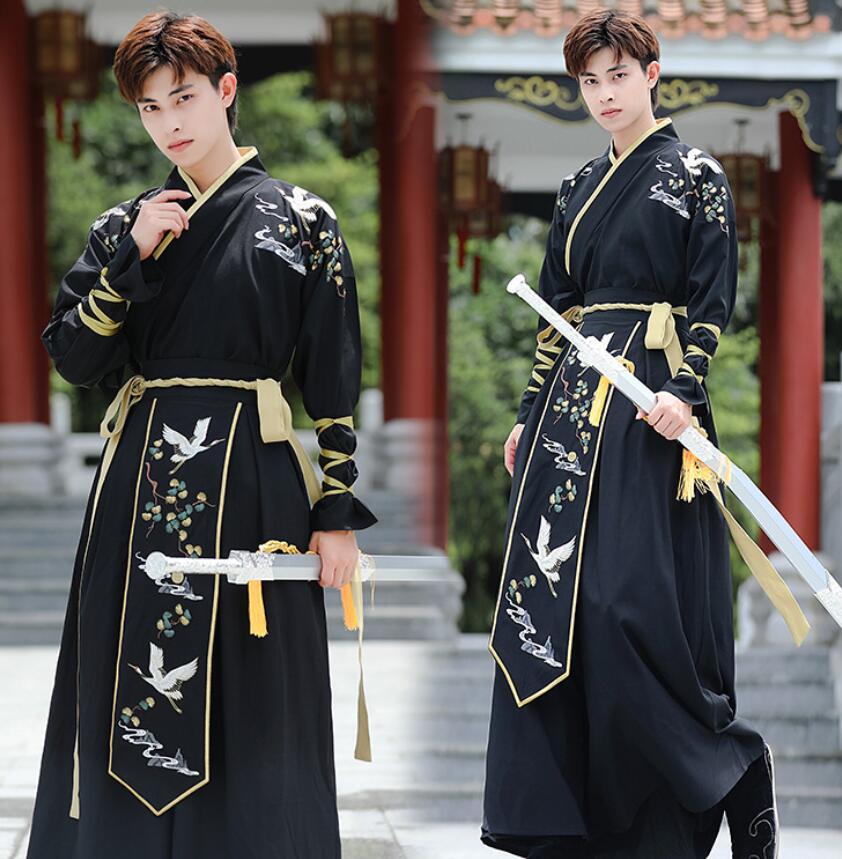 中華コスプレ衣装 メンズチ ャイナ服 漢服 中華服上下セットアップ 男性 大人 チャイナドレス 中華衣装 長袖 袴風スカート 華流コスチューム 舞台 ステージ衣装 エスニックな刺しゅう 鶴 中国古代時