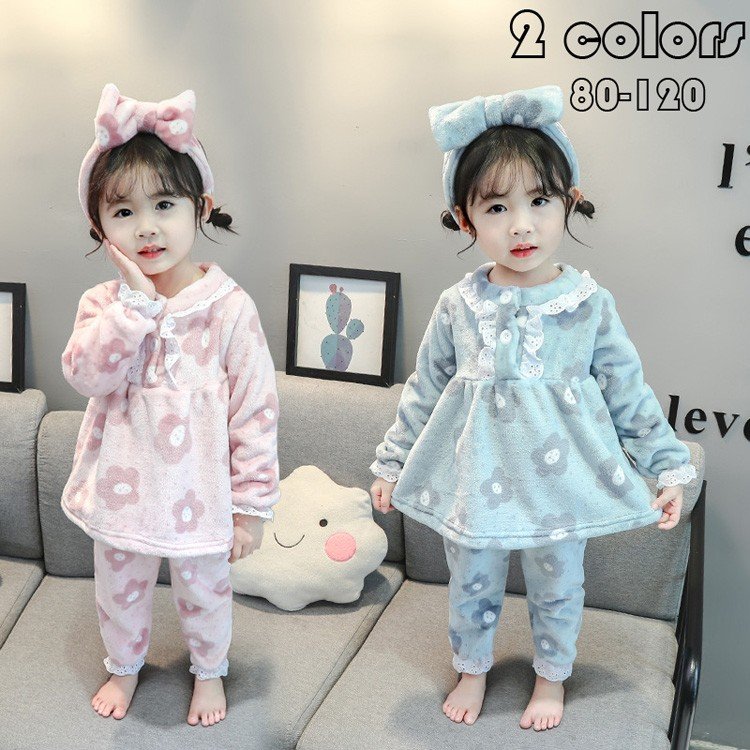 パジャマ キッズ 韓国子供服 女の子 冬 ルームウェア 厚手 モコモコ 可愛い 長袖 花柄 フランネル セットアップ 部屋着 柔らかい 防寒着 秋冬 2色