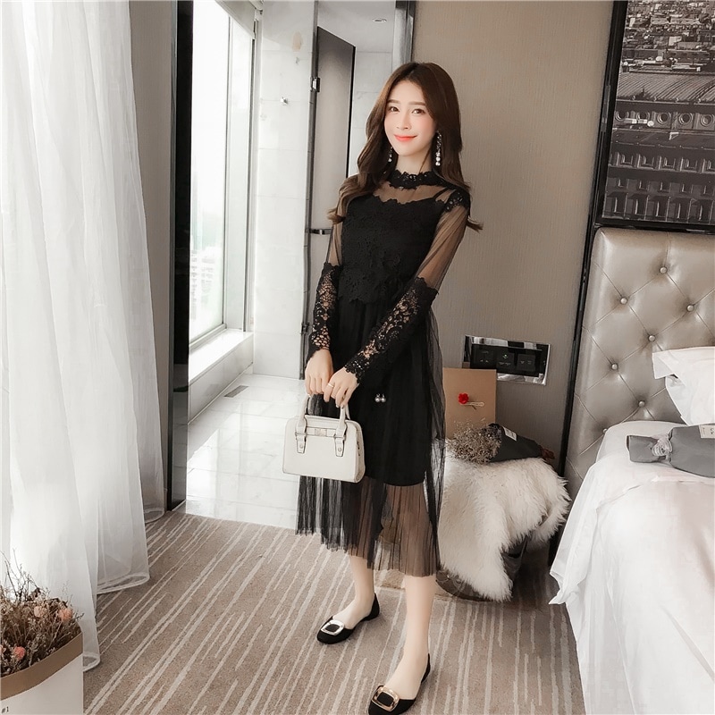 1698.レースプリーツシースルードレス（ブラック）2019 春夏 sale 結婚式 パーティー 二次会 食事会 演奏会 コンサート お呼ばれ 100,000円