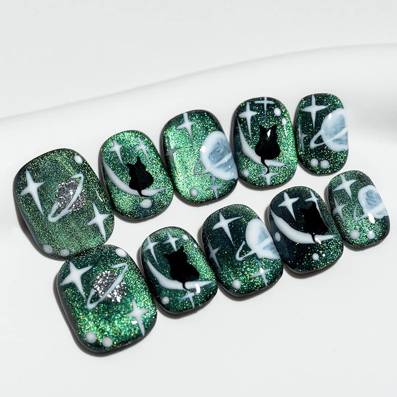 Sun&Beam Nails 手作り ネイルチップ ショート 短め ラウンド 緑 つけ爪 ネイル キラキラ 人気 おしゃれ かわいい デザイン 貼るだけ 付け爪 10枚入 (#34 月の猫 M)