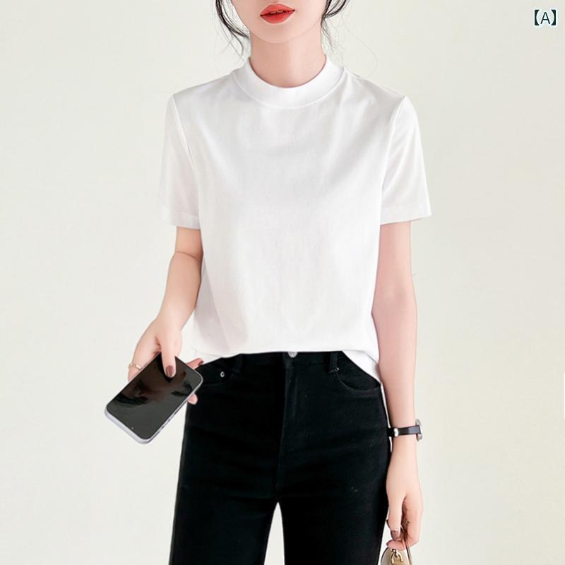 レディース トップス シンプル おしゃれ 夏型 小 ハイネック 半袖 綿 Tシャツ インナー 白 丸 襟