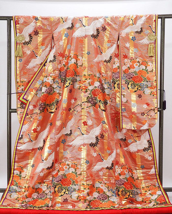 色打掛 正絹 舞鶴 四季花車 打掛 花嫁衣裳 婚礼 美品 中古 リサイクル ブライダル ウエディング 着物 e3202