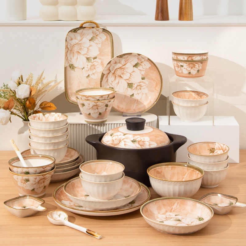 ヨーロッパスタイルのinsスタイルcamellia Light Luxury Underglaze Colored Ceramic Tablewareセットボウルプレートテーブルウェアセットホーム用