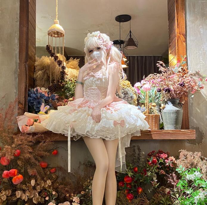 初回限定Lolita ロリータドレス かわいい ジャンスカ ミニ丈 ジャンパースカート ダンス 姫様 ゴージャス ワンピース レース リボン フリル 可愛い レディース ドレス 衣装 パーティー コス