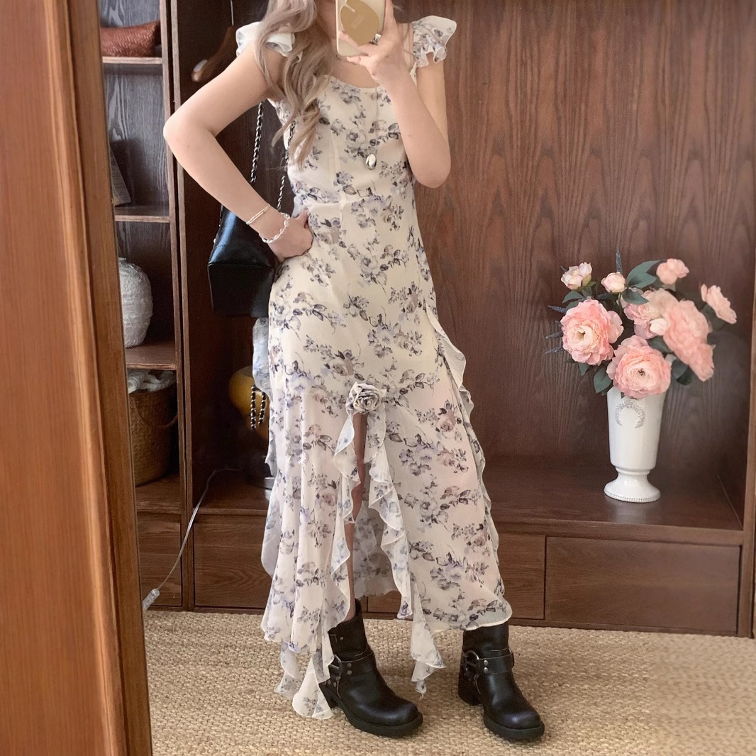趙美延の小花柄ロング夏の女性用紐付きノースリーブロングドレス