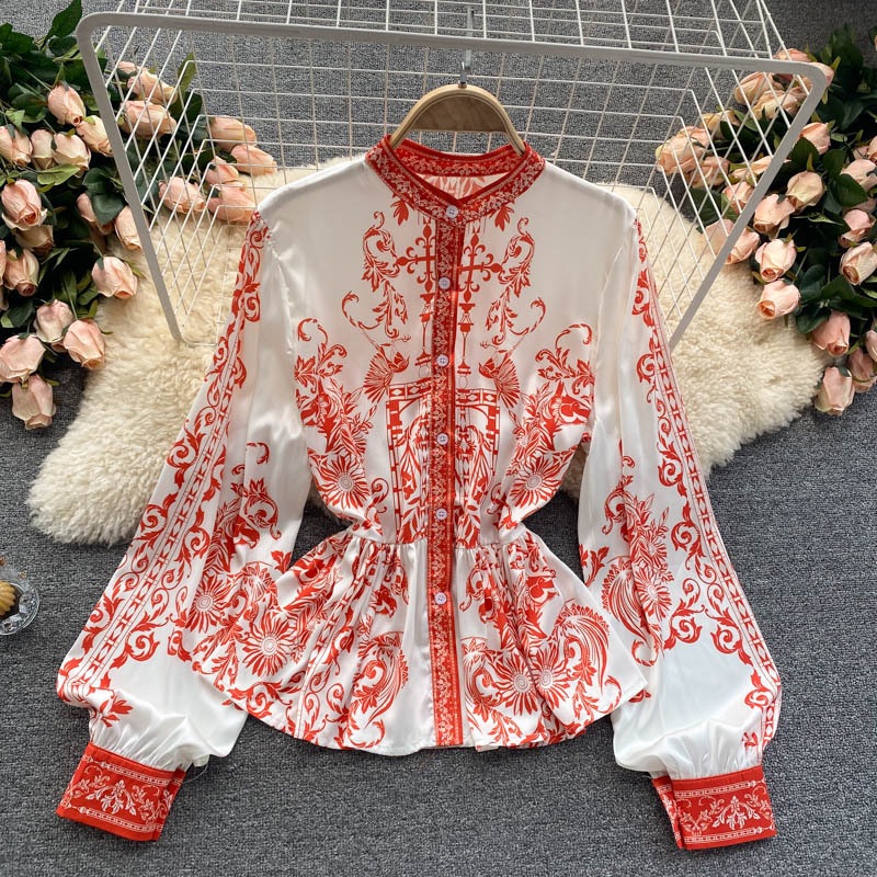 トップス レディース シャツ チュニック 前開き 袖あり 長袖 パフスリーブ 襟つき ラウンドネック