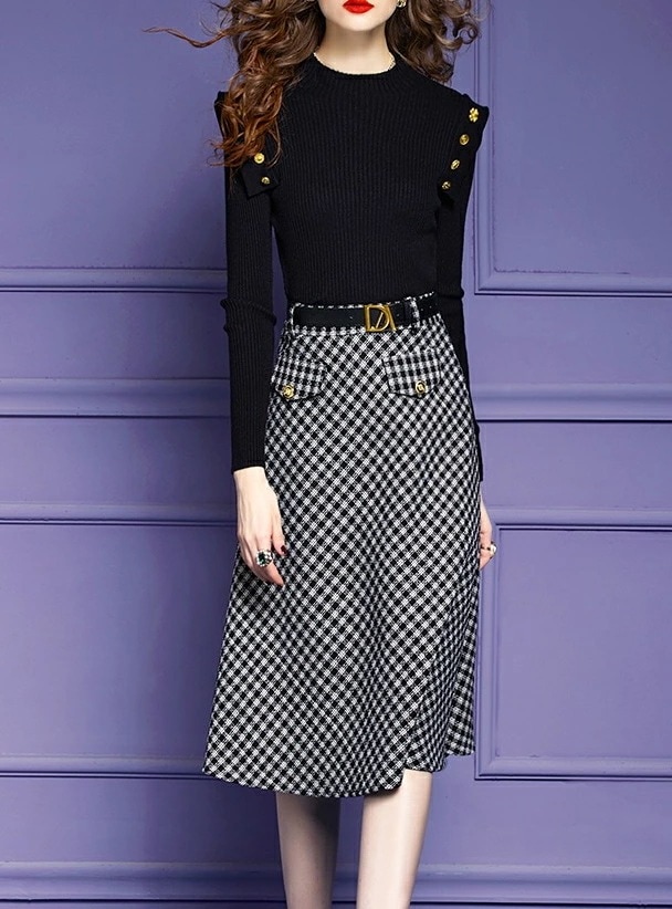 【急速出荷】3点セットアップ 金具ボタンハイネックニットセーター＆フレアスカート＆ベルト付き ミモレ丈きれいめ エレガント着せ 秋 冬 ワンピース大人可愛い 20代 30代 40代 50代 女性 上