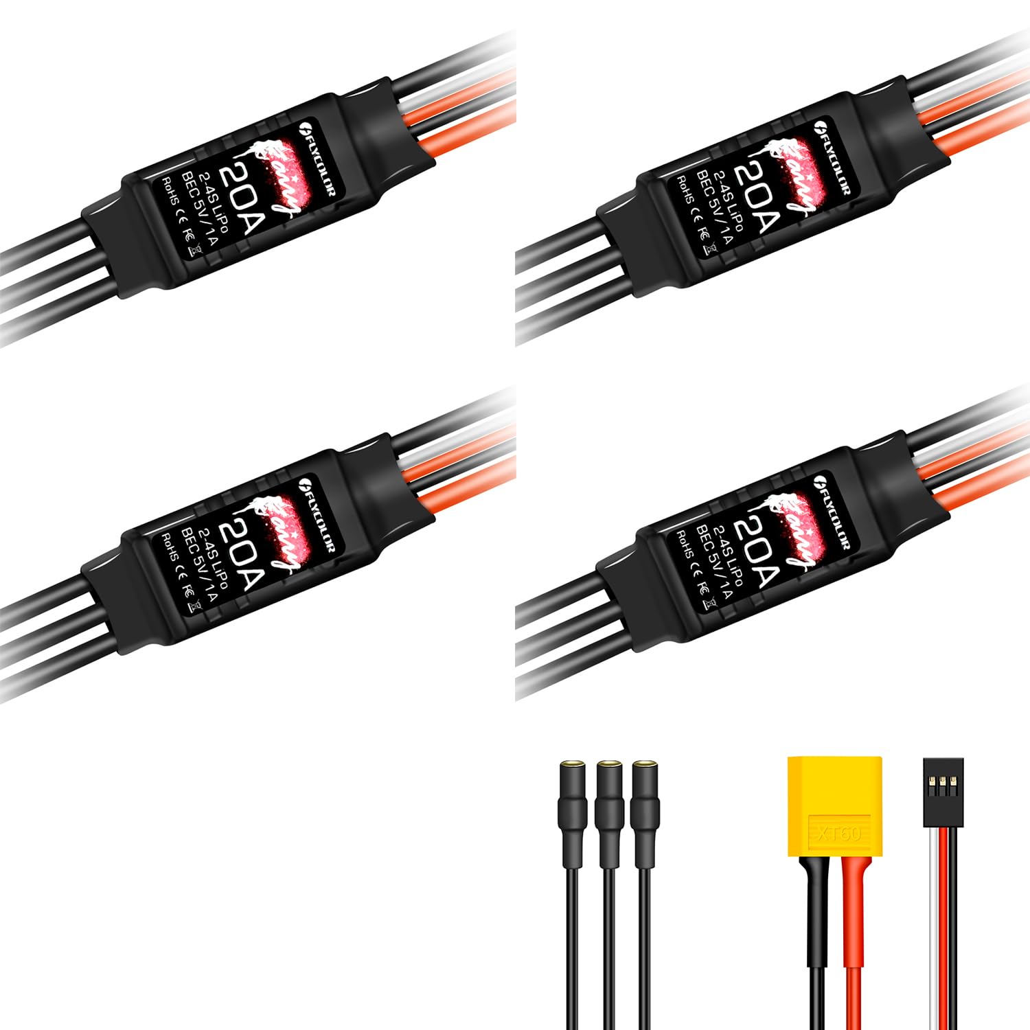 HAWK S WORKブラシレス電子スピードコントローラー20A ブラシレスモータ 電子スピードコントローラー BEC 5V 1A XT60と3.5mmプラグ付き超軽量超コンパクト（4パック）