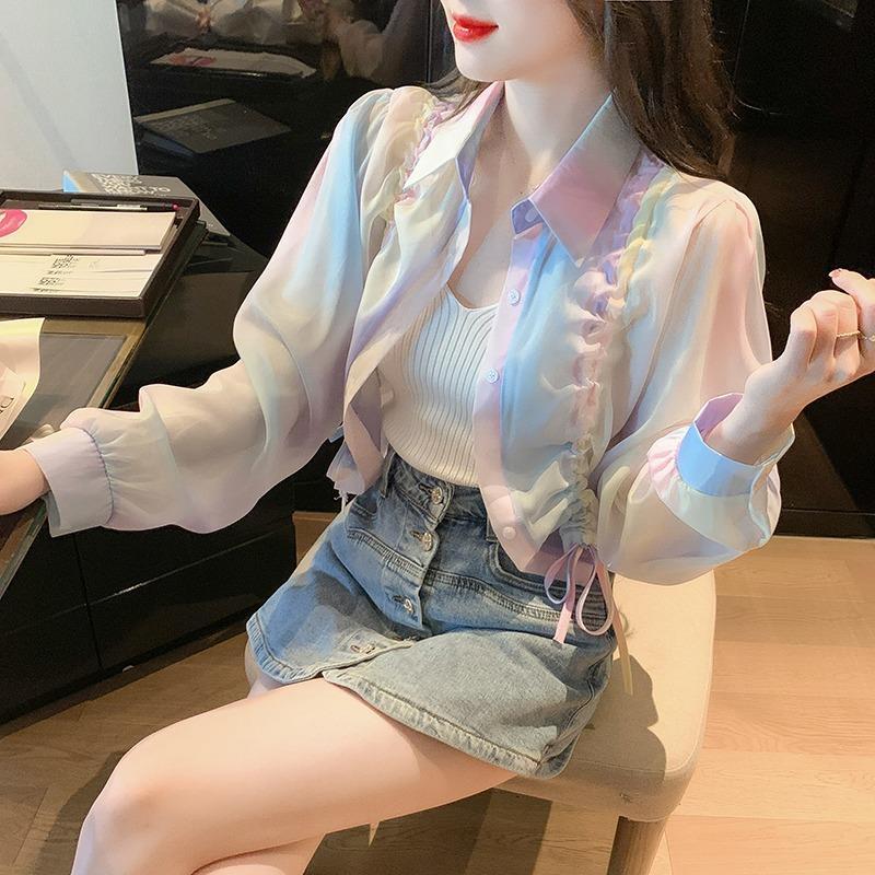 【超お得1つ買うと10個もらえる】急速出荷7月の新作特典UVカットブラウスUVカットパーカー シフォンのシャツ 23 薄い 日焼け止め ショット丈 トップス値下げセール