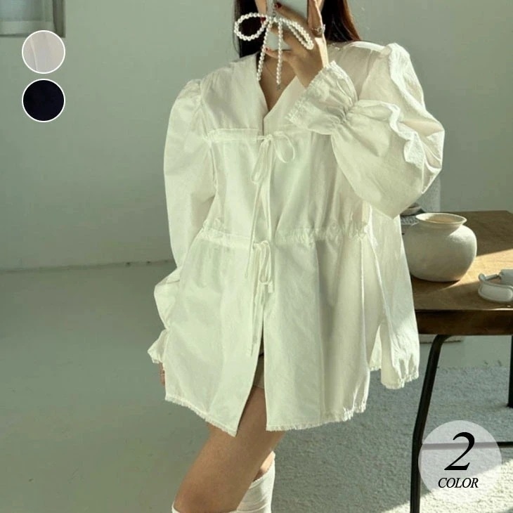 Vネック 長袖 シャツ レディース 春 秋 長袖シャツ ゆったり ルーズシルエット フェミニン 可愛い お洒落 シンプル ベルスリーブ シャツブラウス ブラウス 白 ホワイト 黒 ブラック 韓国ファッ