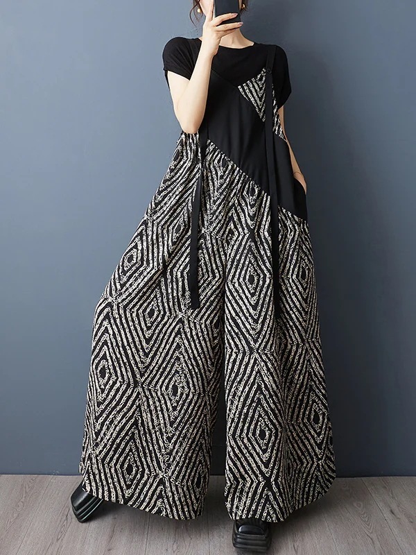 2025夏のプリント不規則サロペット百掛けワイドパンツ 4,912円